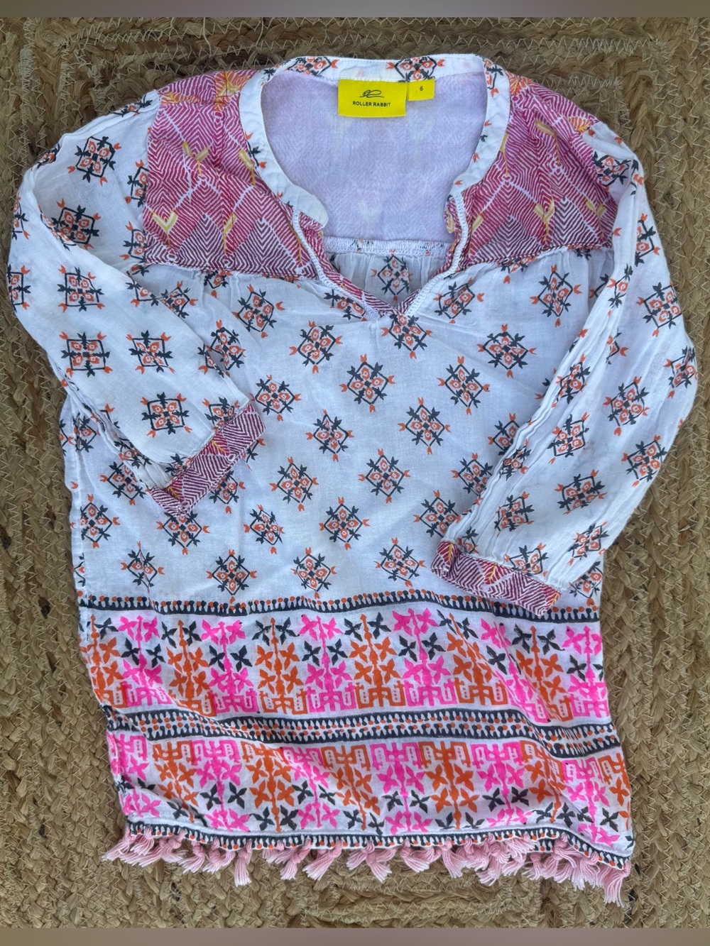 Roller Rabbit Girls Block Print Floral Tunic White Pink Orange Fringe Sz 6
